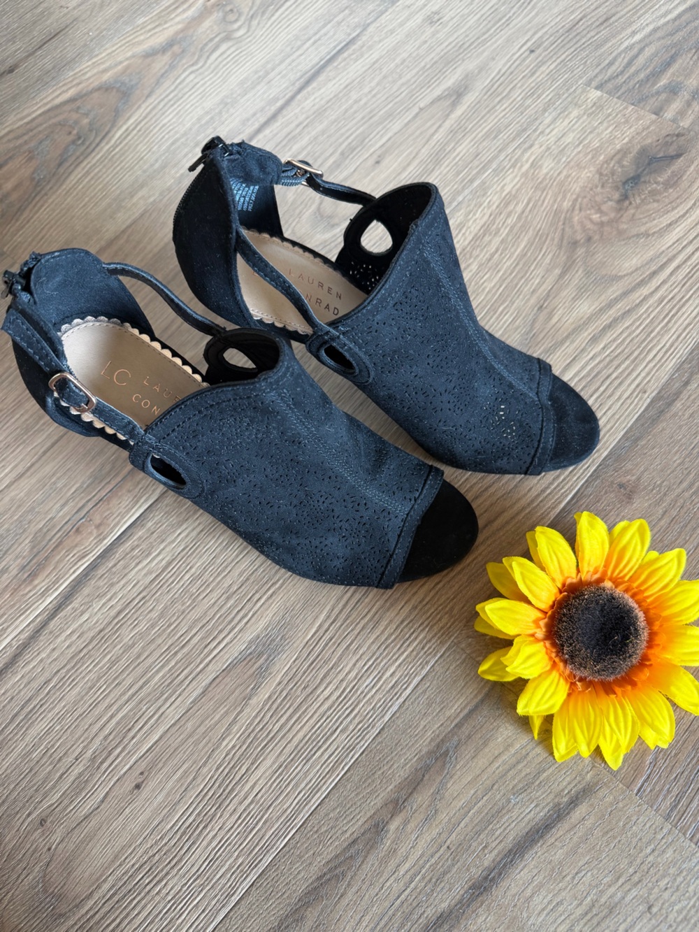 LC Lauren Conrad Black Suede Peep-Toe Slingback Heels with Perforated Detail